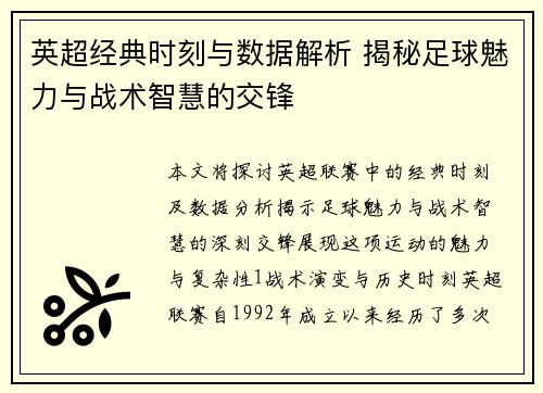 英超经典时刻与数据解析 揭秘足球魅力与战术智慧的交锋